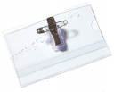 Name Badges 55x90mm, transparent, flexible plastic card Case, clip on back, safety pins